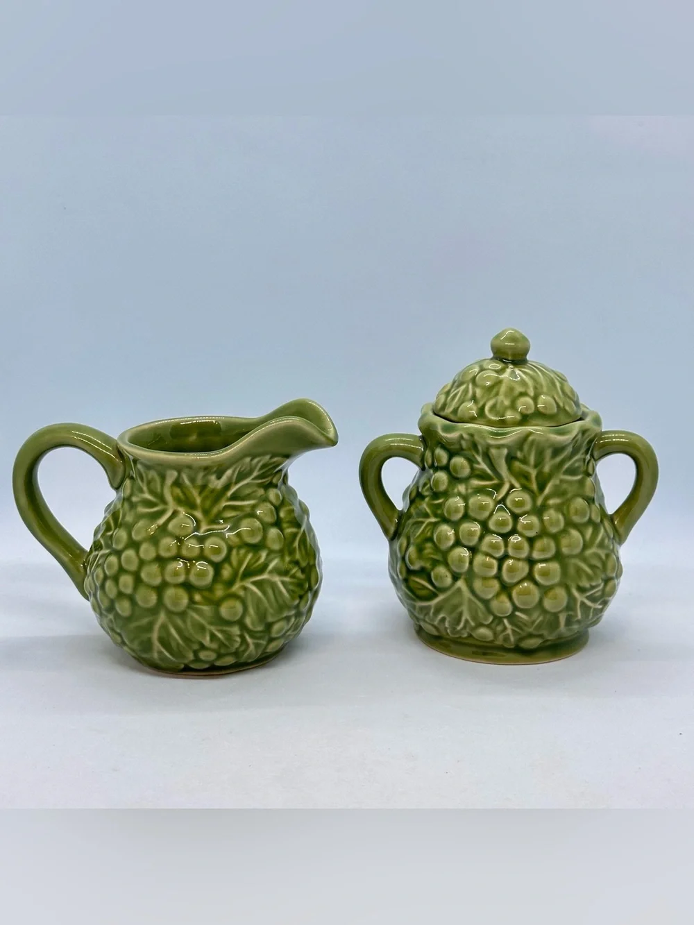 Vintage Green Grape Vine Ceramic Sugar Bowl with Lid and Creamer Set*Has Crazing